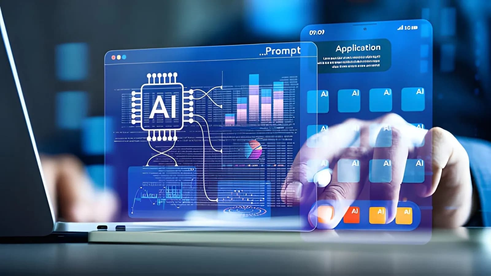 Person tapping an AI-powered application dashboard projected above a laptop